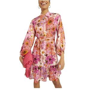 Rachel Parcell Floral Shirt Dress Pink Multicolor Belted Tiered Hem Size 6